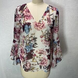 White House Black Market Floral Bell Sleeve Blouse Top Womens Tunic Sz 4 Flowy